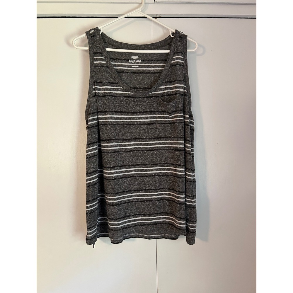 Old Navy Boyfriend Tank Top Womens XL Gray Striped Linen Blend Pocket Scoop Neck
